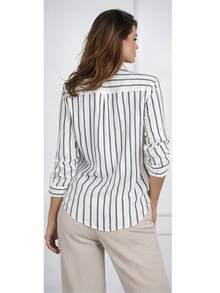 Women's Long-Sleeved Striped Linen Shirt, Brightly Colored - 白色 - 查看 2