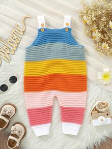 1pc Baby Girl Rainbow Striped Patchwork Knit Sleeveless Romper, Soft & Comfortable All-In-One Jumpsuit For Baby Girls - White - View 4