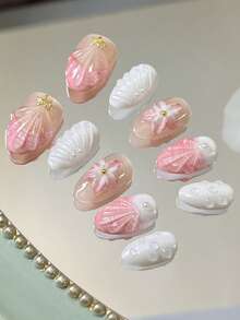 A Set Of 10 Short Almond-Shaped Delicate Wearable Nails Featuring Y2K Hand-Painted Three-Dimensional Shell Ocean Mermaid Tail Metal Stars And Golden Steel Ball Nail Decorations. These Stylish Nail Accessories Make Fingers Appear Longer And Exude An Elegant And Sophisticated Charm Suitable For All Seasons And High-End Fashion. Ideal For Music Festivals - Multicolor - View 2