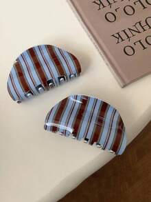 1个休闲复古蓝咖啡条纹发夹，小众高端发夹，适合日常、休闲、上学等场合佩戴 - 彩色 - 查看 2