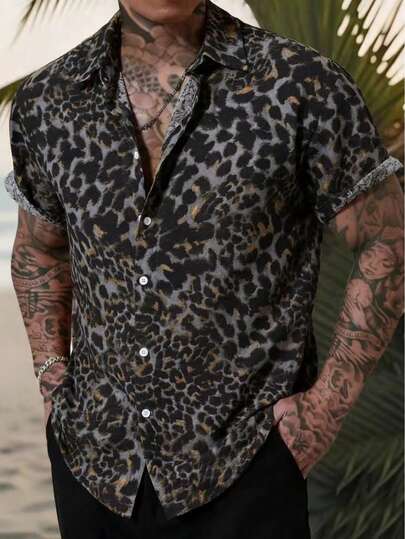 Men's Casual Business Leopard Grain Textured Short Sleeve Shirt, Black, Summer