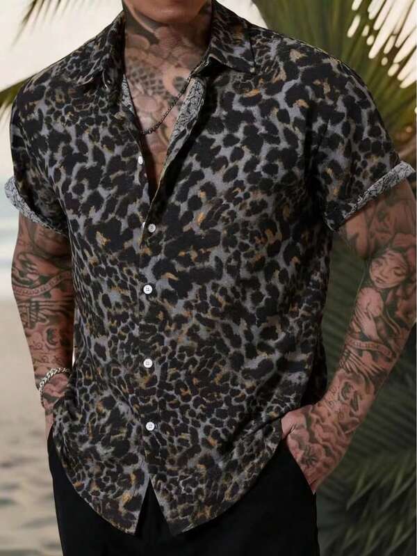 Camisa de manga corta casual de negocios con textura de estampado de leopardo para hombre, color negro, para verano