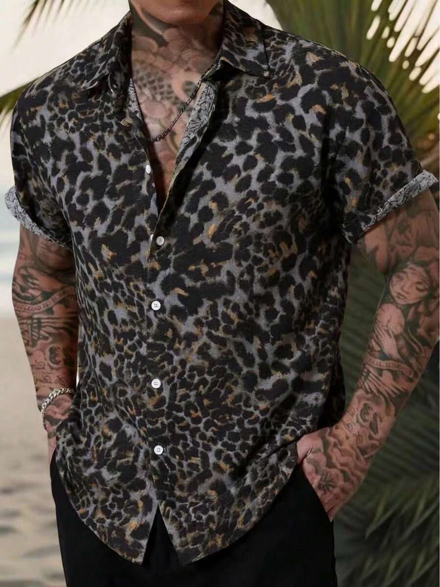 男士休闲商务豹纹纹理短袖衬衫,黑色,夏季 - 黑色 - 查看 1