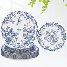 10pcs/20pcs/30pcs Blue And White Floral Paper Plates, 9inch& 7inch Round Scalloped Edge Blue And White Porcelain Style Plates, Chinoiserie Butterfly & Flower Print Disposable Plates, Bridal Shower, Wedding, Tea Party Decorations Men Women - Multicolor - View 7