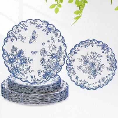 10 cái/20 cái/30 cái đĩa giấy phong cách sứ viền gợn sóng tròn 9 inch và 7 inch, họa tiết hoa xanh trắng, in bướm và hoa Trung Quốc, phù hợp trang trí tiệc cưới, đám cưới, trà chiều, unisex