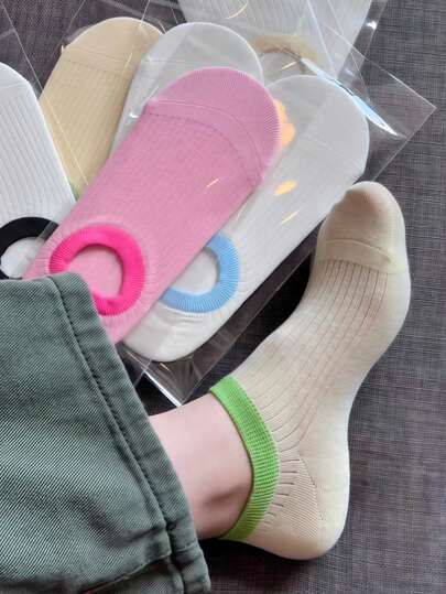 5 đôi tất cotton mỏng cổ ngắn in hình kem ngẫu nhiên dành cho nữ, thoáng khí, chống trượt, không lộ ra ngoài, thích hợp cho mùa hè.