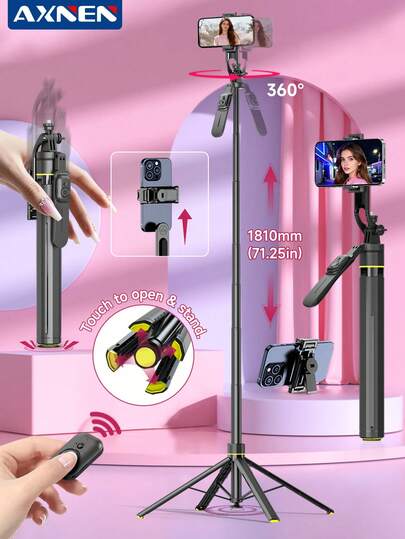 AXNEN Chân máy tự động gập mở 1810mm/71in với điều khiển từ xa Bluetooth, đèn chiếu sáng ba màu, chân đế bằng hợp kim nhôm, gậy selfie xoay 360° theo chiều dọc/ngang, tương thích với iPhone/Android và các điện thoại thông minh khác, thích hợp cho kỳ nghỉ hè, du lịch, hoạt động ngoài trời, vlog, phát trực tiếp.