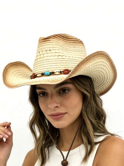 Mũ cao bồi bằng rơm rỗng màu nâu, unisex, thích hợp cho các hoạt động ngoài trời, thường ngày, đi biển và du lịch.
