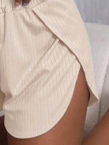 2pcs Women Summer Casual Solid Color Short Sleeve Crew Neck Crop Top & High Slit Shorts Pajama Set, Spring/Summer Lounge Set - Rượu sâm banh - Xem 11