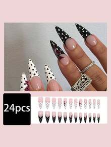 24片裸粉色黑白波点法式3D亚克力假指甲套装，配紫色花朵贴纸，包含1瓶甲油胶和1把指甲锉，适合女性和女孩，可用于派对和舞会美甲。 - 彩色 - 查看 2