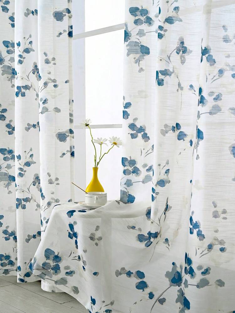 1件蓝色花卉白色薄纱窗帘，现代简约清新花卉薄纱窗帘，北欧自然风格家居装饰，适用于客厅和卧室 - 藍白色 - 查看 5