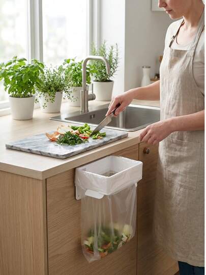Soporte plegable para bolsas de basura de cocina montado en la pared, adecuado para habitantes de espacios pequeños, amas de casa y entusiastas de la cocina, se puede instalar en puertas de gabinetes de cocina, tocadores de baño, salas de almacenamiento y otras áreas confinadas