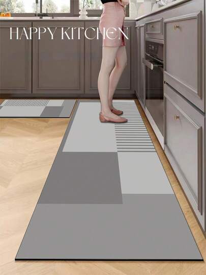 1pc Silica Gel Kitchen Mat With Layered Gray Blocks And Parallel Striped Modern Minimalist Design, Luxurious And Fashionable, Cushioning And Anti-Fatigue Kitchen Carpet With Surface Fabric, Middle Sponge Absorbent Material, And Bottom Rubber Material That Is Easy To Clean