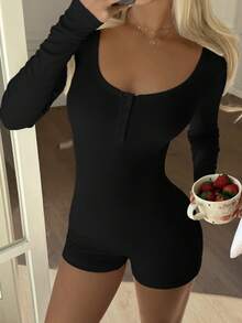 Bộ jumpsuit nữ Vaiaye cổ chữ V cài nút màu trơn tối giản - Jumpsuit dài tay ôm dáng, thích hợp cho tập thể dục, thể thao ngoài trời gợi cảm, lễ tốt nghiệp, mùa tựu trường, jumpsuit dệt kim mùa thu/đông, jumpsuit đen thanh lịch mùa xuân - màu đen - Xem 9