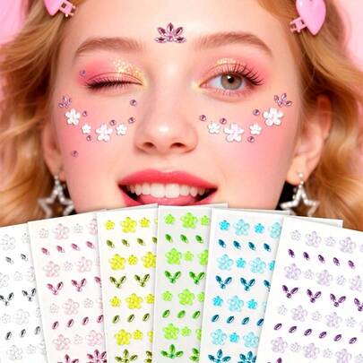 1片/6片装，彩色花朵造型水钻贴纸，包含粉色、黄色、绿色等多种色调，精致闪亮。易于贴于面部，为您的妆容增添甜美梦幻的气息。派对必备。