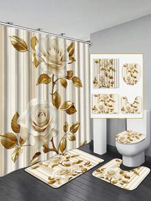 1/4pcs 3D Rose Print Waterproof Shower Curtain With Hooks - Machine Washable Polyester Bathroom Partition - A - View 8