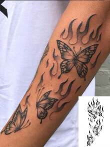 1张持久7-14天的草本临时纹身贴纸，哥特风格抽象火焰与蝴蝶图案，防水个性化酷炫纹身贴纸，适合人群使用 - 黑色 - 查看 1