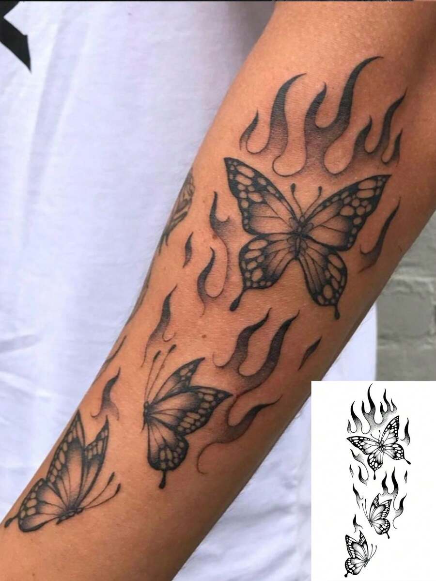 1张持久7-14天的草本临时纹身贴纸，哥特风格抽象火焰与蝴蝶图案，防水个性化酷炫纹身贴纸，适合人群使用 - 黑色 - 查看 1