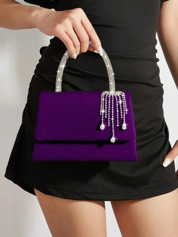 REMANLAND Chic And Elegant Purple Clutch With Matte Texture, Crystal Handle And Tassel Pendant, Featuring A Smooth Matte Finish, Sparkling Crystal Handle, Delicate Crystal Tassel Pendant And Timeless Envelope Flap Design. It Is The Best Gift For Women