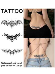 3片装腰部纹身贴纸，仿真临时纹身，半永久纹身，Y2K魅魔情侣性感游戏图案，防水防汗，可持续1-2周，逼真草本汁液效果，防摩擦，不反光黑色，男女通用，可用于手臂、胸部、腿部、腹部、腰部、手指、颈部、脊柱等部位，现代主义人体艺术 - 黑色 - 查看 1