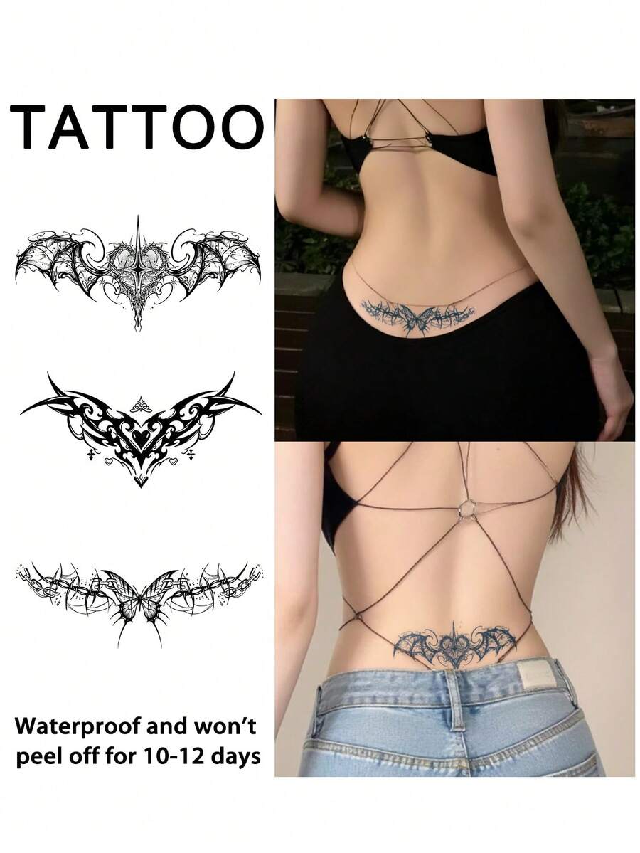 3片装腰部纹身贴纸，仿真临时纹身，半永久纹身，Y2K魅魔情侣性感游戏图案，防水防汗，可持续1-2周，逼真草本汁液效果，防摩擦，不反光黑色，男女通用，可用于手臂、胸部、腿部、腹部、腰部、手指、颈部、脊柱等部位，现代主义人体艺术 - 黑色 - 查看 1