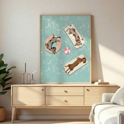 Tranh treo tường chủ đề mùa hè Preppy hình những chú chó Dachshund ngộ nghĩnh trên phao bơi, tranh in trên vải canvas | Trang trí theo phong cách mùa hè Pastel cho phòng tắm, phòng ngủ, phòng khách hoặc văn phòng, tranh phong cách ven biển Cottagecore, quà tặng dễ thương cho người yêu chó, không khung, có thể dùng khung gỗ hoặc khung có sẵn.