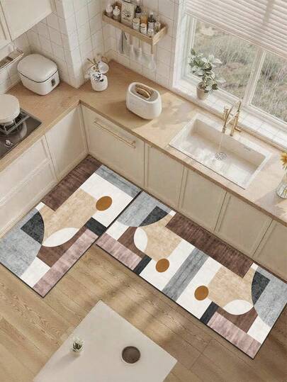 1pc Silica Gel Kitchen Mat, With A Low-Saturation Morandian Color Palette Of Off-White, Light Brown, Dark Brown, Gray, And Black As The Base, Featuring An Arrangement Of Geometric Rectangles, Semi-Circles, And Circular Color Blocks, Complemented By A Delicate Fabric Texture, Presenting A Simple Yet Artistic Modern Nordic Style. The Luxury Fashion Kitchen Mat Has Cushioning And Anti-Fatigue Properties, With A Surface Fabric Material, Middle Sponge Absorbent Material, And A Rubber Bottom That Is Not Easily Dirtied And Absorbs Water Well.