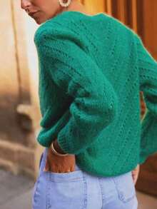 Solid Color Cardigan Long Sleeve Knit Sweater Jacket, Autumn/Winter - 墨綠色 - 查看 3