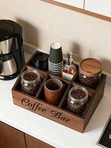 1PC Wooden Coffee Bar Organizer With 5 Compartments, Rustic Countertop Storage Box For Coffee Pods, Capsules, Cups, Spoons And Accessories, Farmhouse Kitchen Decor For Coffee Station - Multicolor - View 2