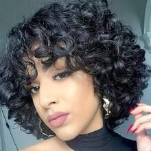 Short Curly Human Hair Wigs For Black Women Glueless Bouncy Curly Bob Wig With Bangs Big Curl Natural Looking Human Hair Wig For African American Women 8 Inch - 1B - 查看 1
