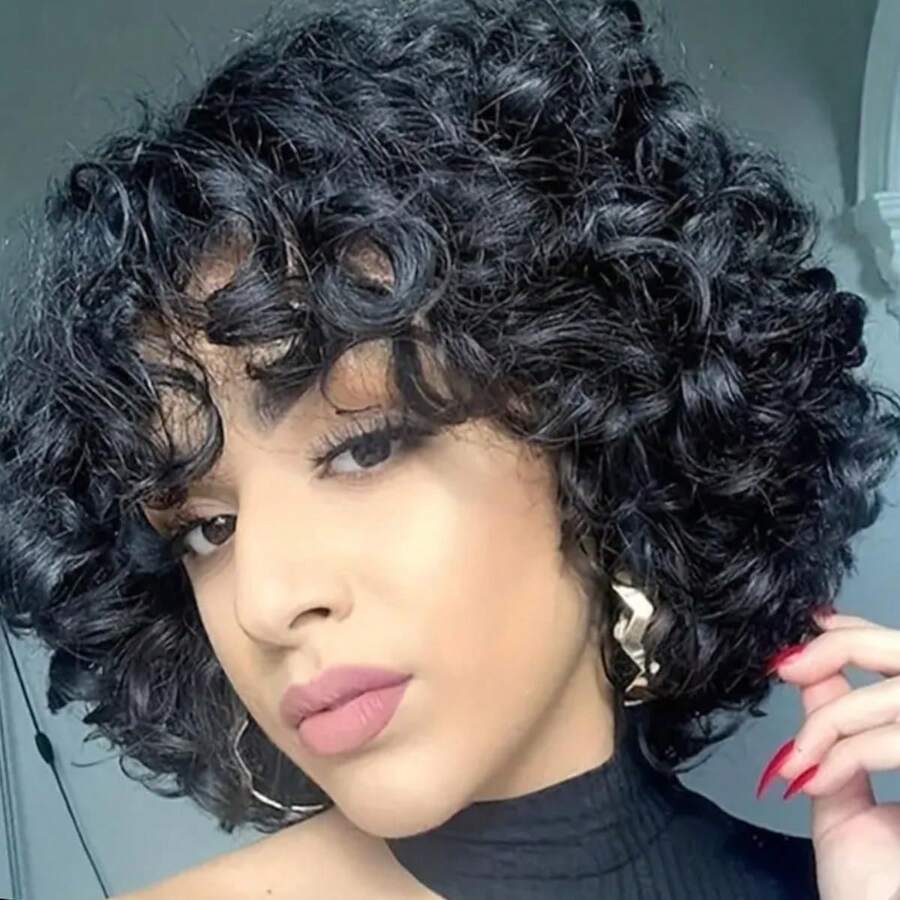 Short Curly Human Hair Wigs For Black Women Glueless Bouncy Curly Bob Wig With Bangs Big Curl Natural Looking Human Hair Wig For African American Women 8 Inch - 1B - 查看 1