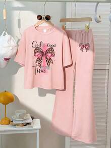 Girls "God Is Good All The Time" Leopard Bow 2 Piece Outfit - 粉色 - 查看 2