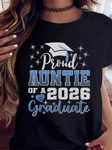 Proud Auntie Of A 2026 Graduate Graduation Shirt For Women Sparkle Design Grad Cap T-Shirt Celebration Gift For Family Member Graduation Day Party Wear,220g - 黑色 - 查看 2