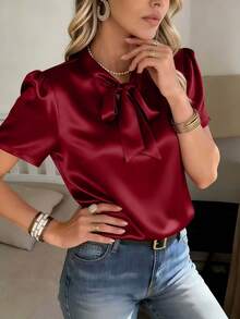 女士时尚短袖上衣，饰有蝴蝶结腰带，采用闪亮梭织面料制成，夏季款 - 紅木色 - 查看 2