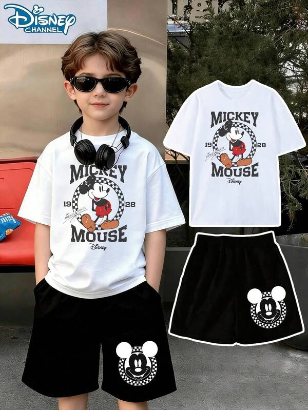  Disney Boys Short Sleeved Shirt And Shorts Set, Featuring A Creative Mickey Cartoon Mickey And Friends M Onsters University Mickey Mouse 1928 Print Design, This Is A Two Piece Summer Childrens Clothing Set, With Soft And Comfortable Fabric And Good Breathability, Suitable For Daily Wear, Travel ,School Shopping, And Play. It Is A Must Have Gift For Disney Childrens Clothing.