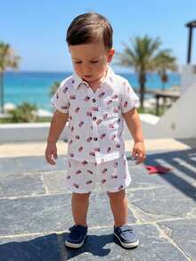 Toddler Boy 4th Of July Outfit Infant Baby Independence Day Patriotic Clothes Flag Print Short Sleeve Button Up T Shirt And Linen Shorts Set - 白色 - 查看 3