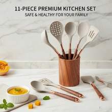 Bộ dụng cụ nhà bếp silicon mới 11 món, chảo chống dính cán gỗ vân mạ vàng, thìa và muỗng chịu nhiệt. - A - Xem 3