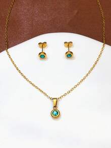 Bộ trang sức 3 món bằng thép không gỉ, bao gồm dây chuyền mặt đá CZ tròn và bông tai dáng dài, thích hợp làm quà tặng tốt nghiệp, tựu trường, Ngày Valentine, Ngày của Mẹ, sinh nhật, kỷ niệm, hẹn hò, dự tiệc và du lịch. - Nhiều màu - Xem 6