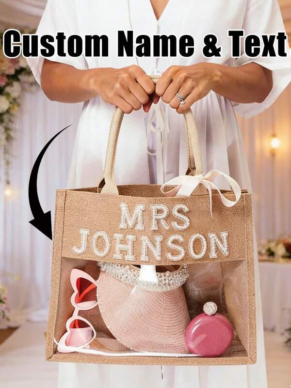 Personalisierte Transparente Tragetasche mit Perlenlettern mit Wunschname und -text "Mrs", personalisierte Geschenke für Frauen, Reisetasche, Clutch/Handtasche, Schultertasche, große Tragetasche, ideale Geschenke für Freundinnen, Frauen, Berufseinsteiger und Büromitarbeiter zu Jahrestagen, Strand, Pool, rustikale Hochzeit, Verlobung, Junggesellinnenabschied, Brautparty, Flitterwochen, Brautgeschenk