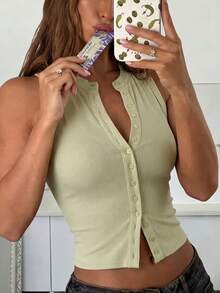 Camiseta de mujer de cuello redondo sin mangas con botones delanteros, estilo Y2K, para verano - Albaricoque gris - Ver 4