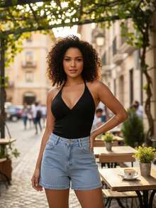 Women's Ribbed Tank Top In The Color Of The Year. Great Fit. Basic And Easy To Match. Minimalist With V-Neck And Neck Tie. Summer. - Black - View 1