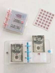 Un cuaderno de almacenamiento de efectivo que puede contener 100 billetes, con fotos de billetes y sellos, espacio de almacenamiento grande 1A6, carpeta de desafío de sobres, libro de desafío de ahorros con sobre, carpeta de desafío de ahorro en sobres para lograr con éxito sus objetivos de ahorro, organizador de hojas sueltas portátil multifuncional, suministros de estudio, de vuelta a la escuela - Multicolor - Ver 3