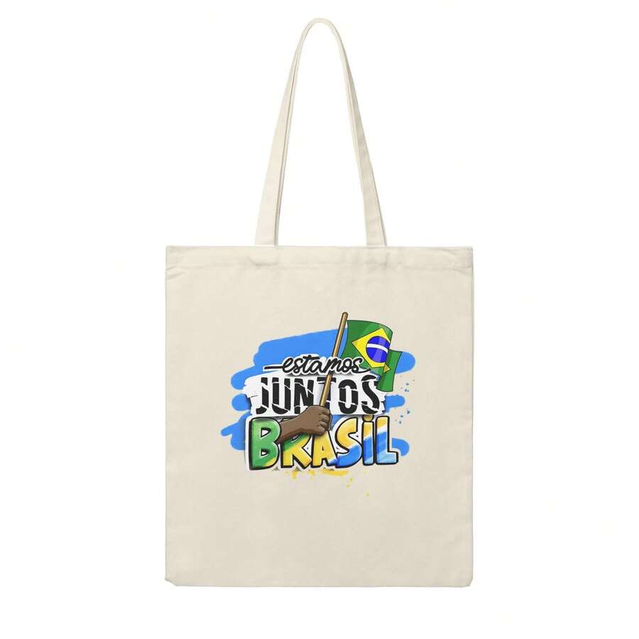 Brazil National Team "Estamos Juntos Brasil" Canvas Tote Bag, 2026  World Cup Patriotic Shopping Bag, Vintage Casual Shoulder Bag For Seleção Supporters - 米色 - 查看 1