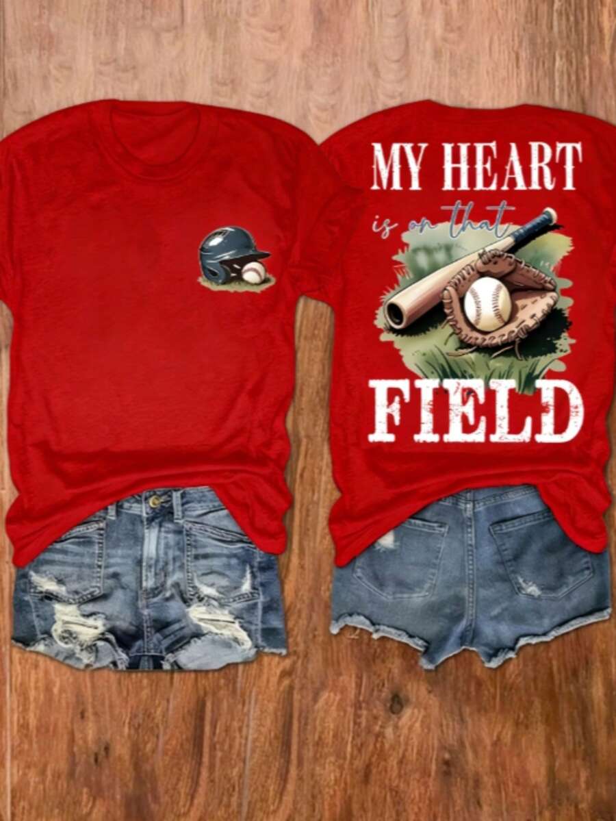 Women's 100% Cotton T-Shirt With "Baseball Mom" Print, Soft And Breathable Round-Neck T-Shirt For Autumn And Winter, Y2K Millennium Style, Street Fashion, Moisture-Wicking, Casual Wear, Suitable For Celebrations And Parties, Holiday Attire! - 紅色 - 查看 1