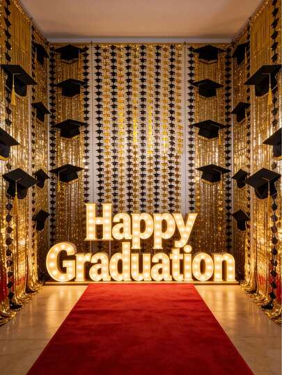 Cortina con borla de birrete de graduación, telón de fondo fotográfico con patrón de birretes de graduación en negro y dorado metálico, perfecto para fiestas de graduación de escuela secundaria/universidad 2026, ceremonias de graduación, reuniones de clase y decoraciones de pared para fiestas con tema de graduación.