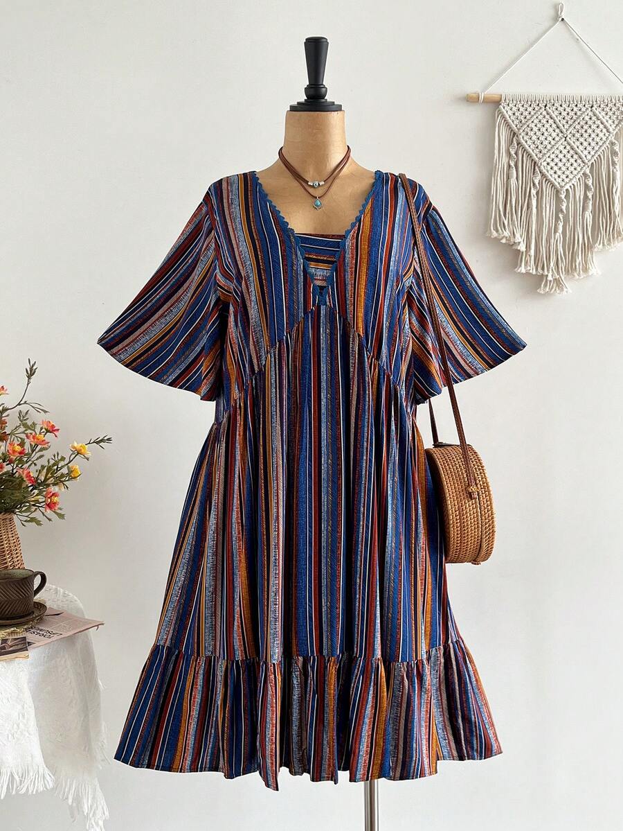 Đầm nữ cỡ lớn họa tiết sọc nhiều màu phong cách Bohemian, thích hợp cho đi biển, dạo phố, nghỉ mát và các dịp khác, thanh lịch cho mùa hè. - Nhiều màu - Xem 1