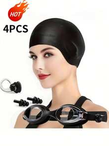 4pcs Swimming Set: Waterproof Goggles, Silicone Swim Cap, Nose Clip And Ear Plugs. Large Size Cap Design With Ear Protection, Suitable For Long And Short Hair. Outdoor Summer Gear, Birthday, Mother's Day, Father's Day Gift - Fashion - View 11