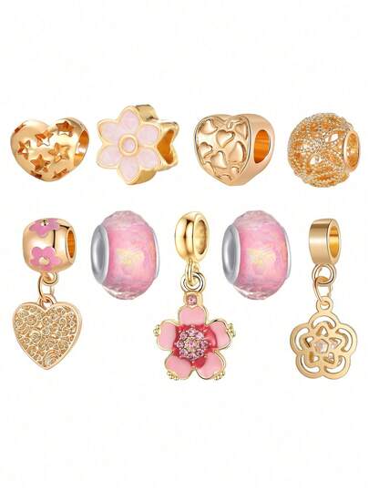 9pcs European And American Style Hollow-Out Heart, Flower, Heart, Beaded, Flower Shaped DIY Jewelry Pendant, Suitable For Decorating Bracelet, Necklace, Earrings, Creative Accessories Valentines