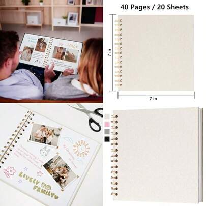 7x7 Inch Scrapbook DIY Photo Album Linen Cover Hardcover White Pages 20 Sheets Small Scrap Memory Book Beige
