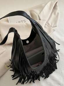 2025 New Casual Retro Large Capacity Suede Fringe Commuter Handbag, Versatile Underarm Shoulder Bucket Bag For Women - Black - View 4